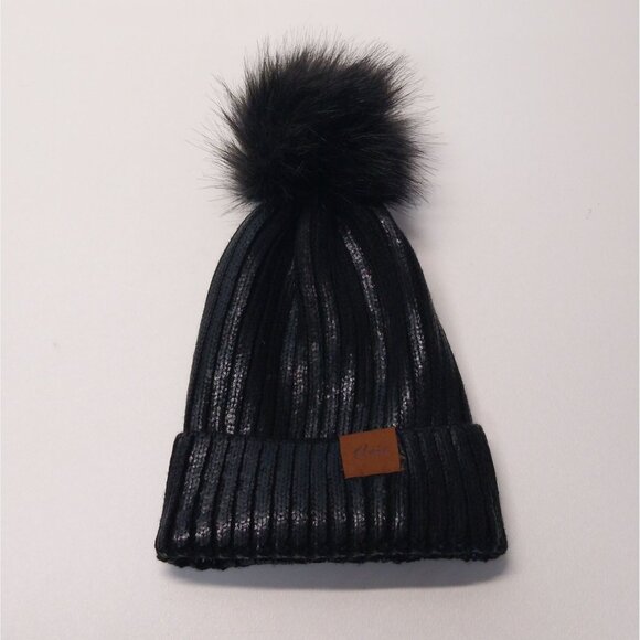 Urban Peacock Cloie Ribbed Shimmer Beanie Removable Pom Pom Faux Leather Patch - Picture 1 of 8